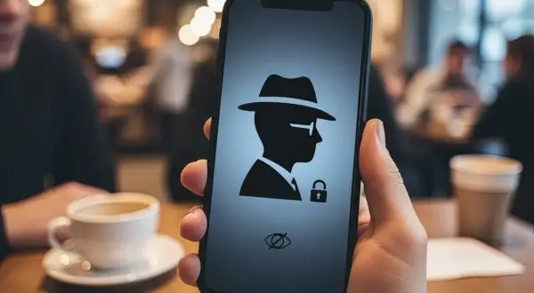 Telefon z ikoną szpiega i kłódką. Włącz tryb incognito, by przeglądać dyskretnie.