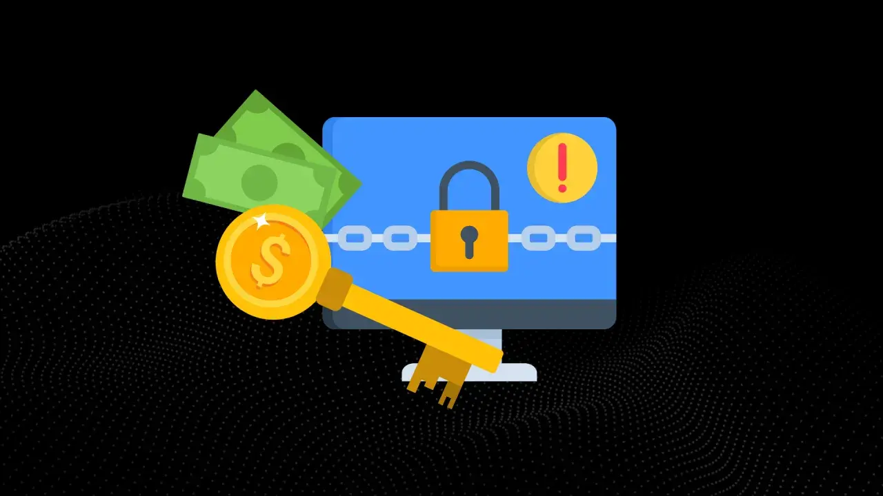 Klucz do odblokowania danych po ataku ransomware. Komputer z kłódką, pieniądze i złoty klucz symbolizują okup.