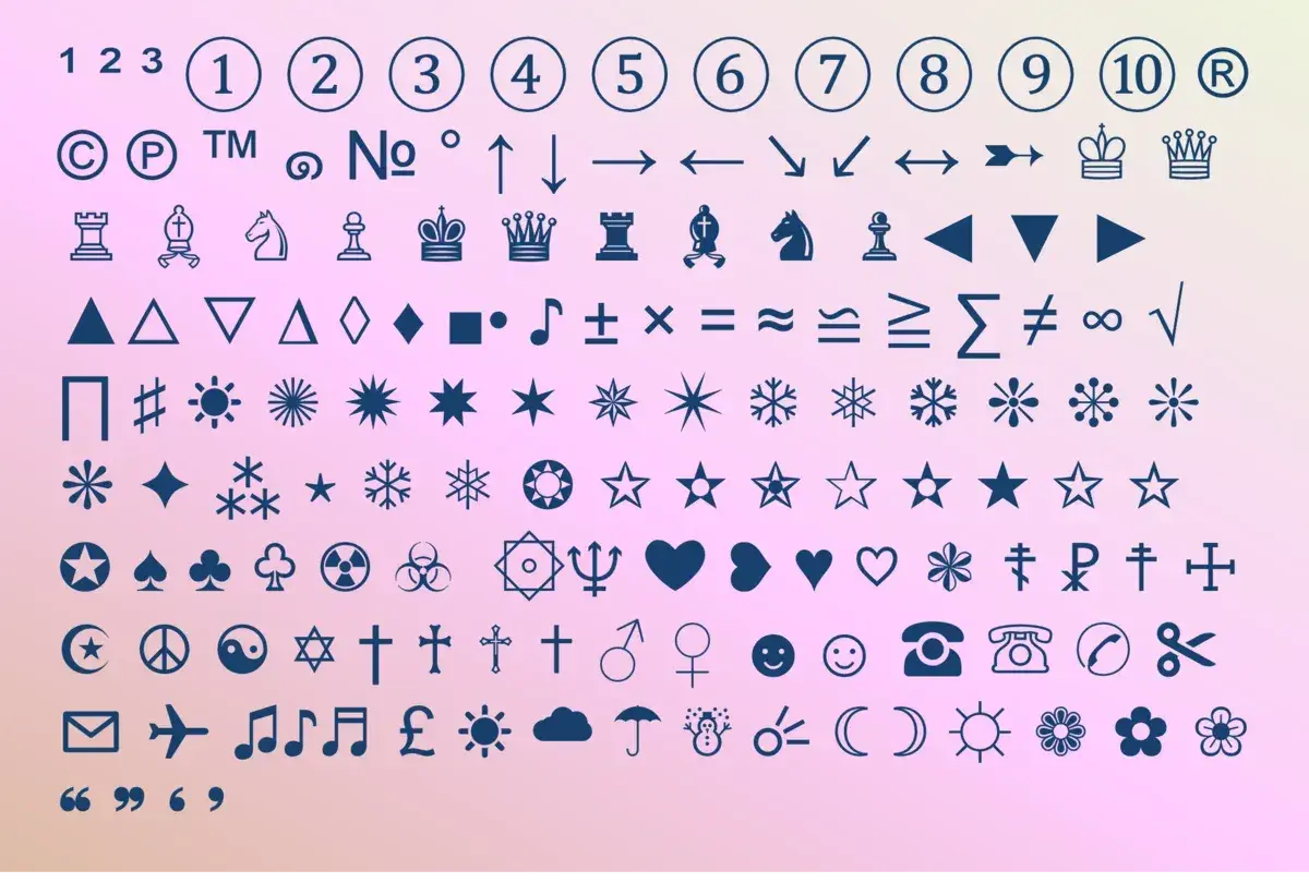 Kolekcja znaków specjalnych na klawiaturze: liczby, symbole, figury, symbole muzyczne, matematyczne, szachowe, religijne, emotikony i inne.