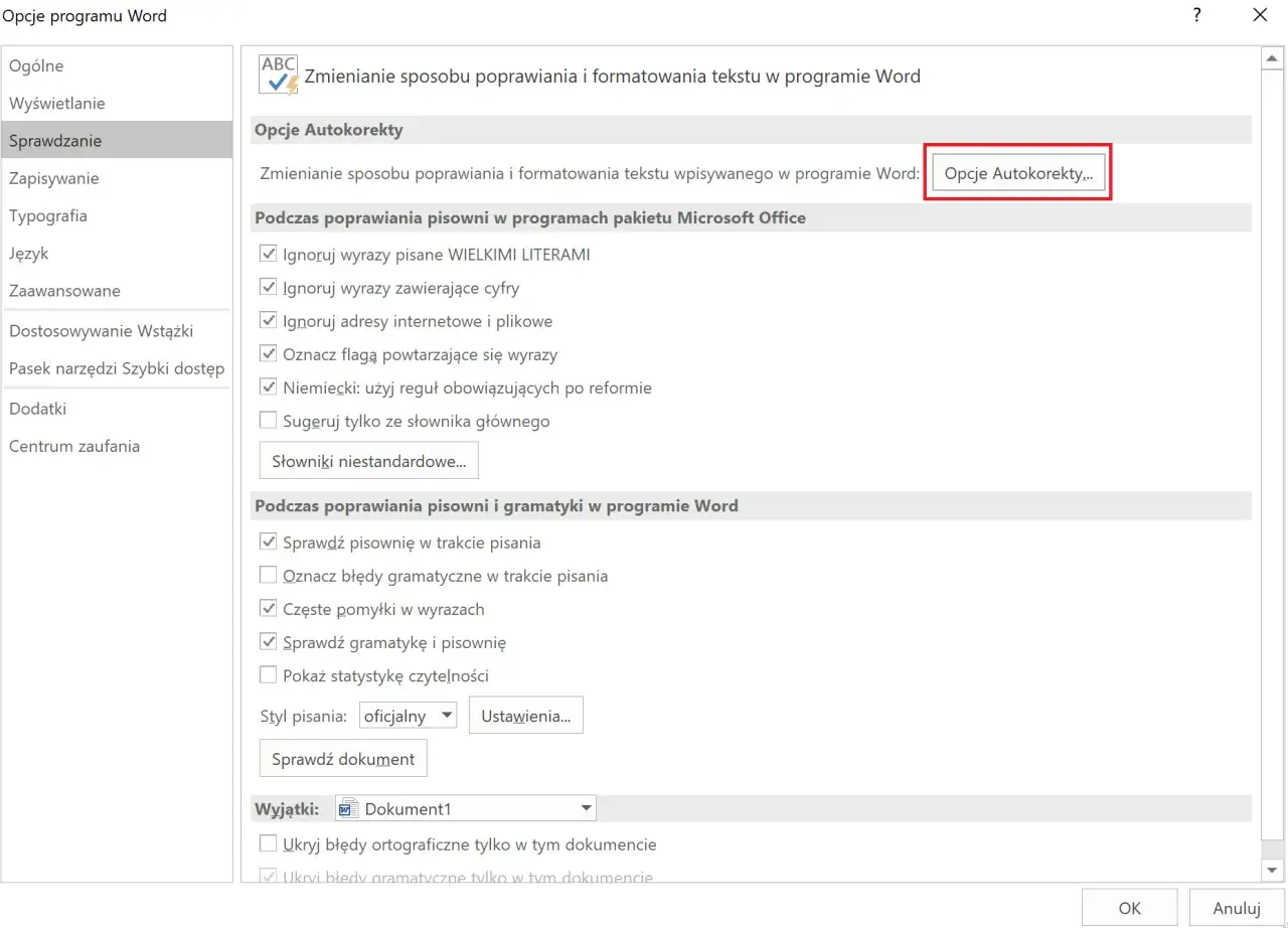 Ustawienia autokorekty w programie Word. Kliknij "Opcje Autokorekty", aby dowiedzieć się, jak wyłączyć autokorektę.