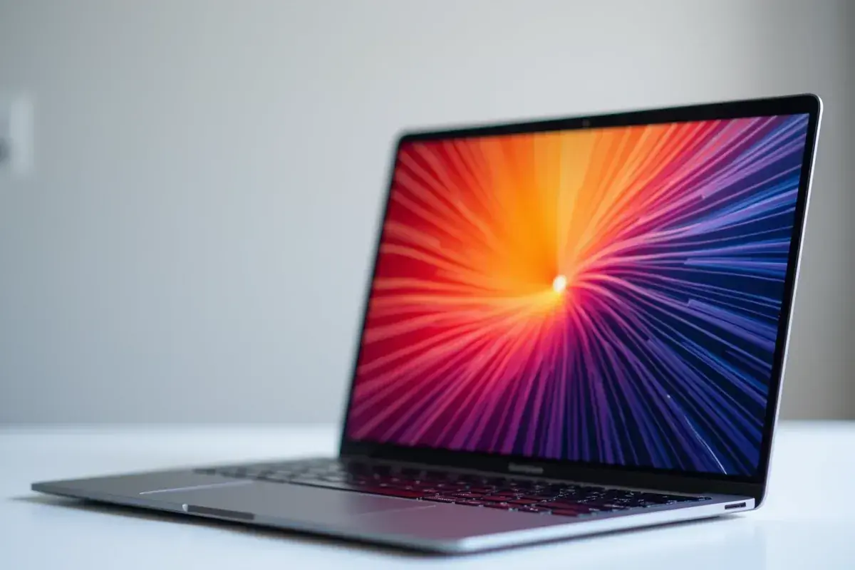 Elegancki laptop z kolorowym, abstrakcyjnym tłem na ekranie. Dowiedz się, jak obrócić ekran, aby dopasować go do swoich potrzeb.