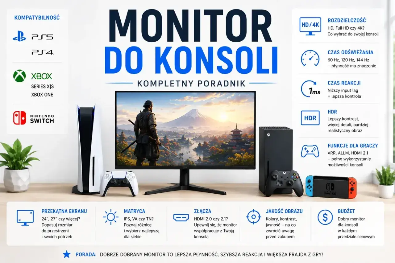 Monitor do konsoli z grafiką w jakości 1080p, prezentujący konsole PS5, Xbox Series X/S i Nintendo Switch.