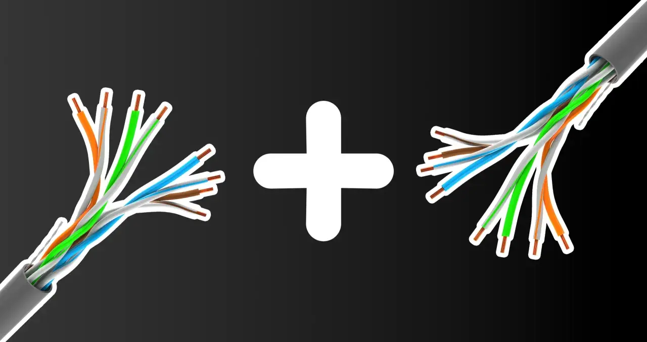 Dwa rozplatane kable ethernet połączone białym znakiem plus.