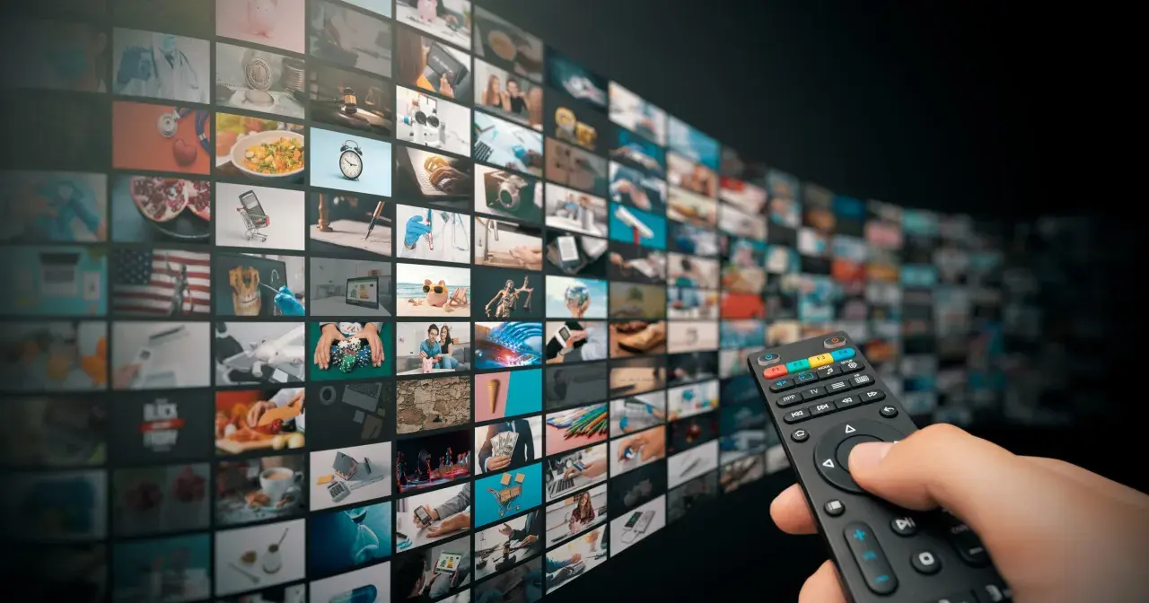 Dłoń trzyma pilota, wybierając treści z zakrzywionego ekranu pełnego miniatur, jak w interaktywnym menu HbbTV.