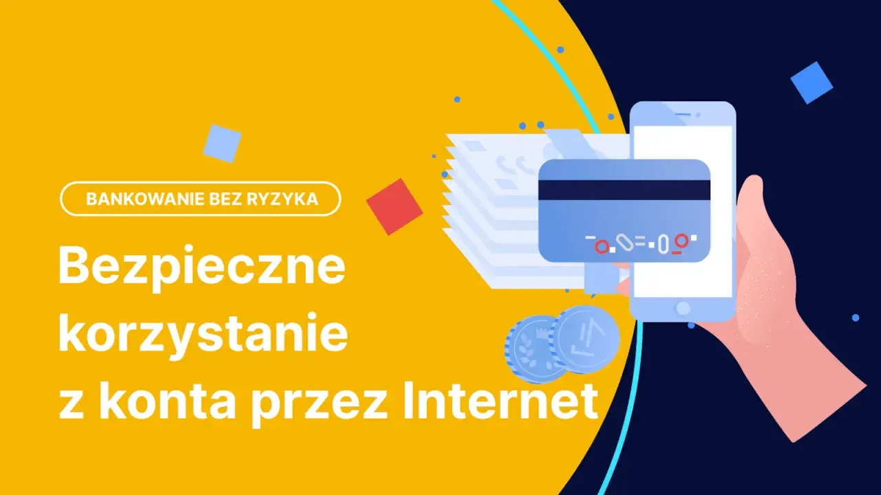 Grafika ilustruje bezpieczenstwo w internecie. Dłoń trzyma smartfon z kartą płatniczą, symbolizując bezpieczne bankowanie online.