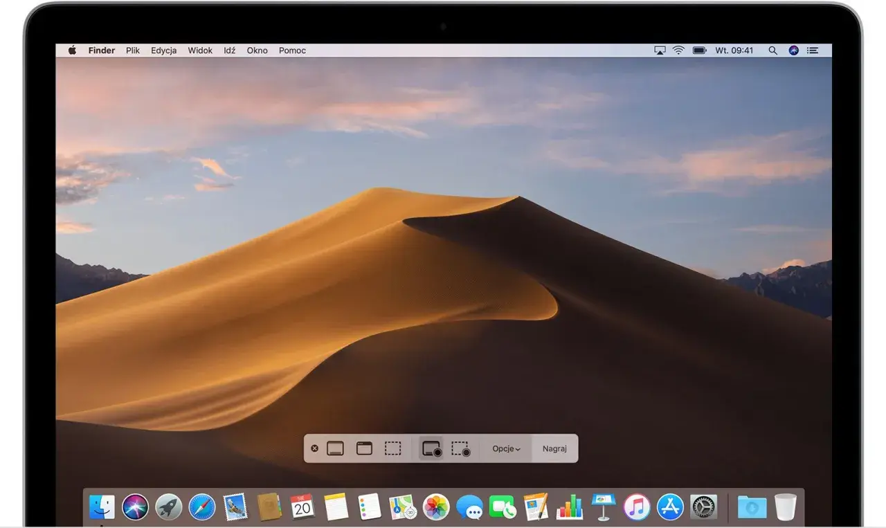 Narzędzie do nagrywania ekranu MacBook z opcjami wyboru obszaru nagrania i przyciskiem "Nagraj".