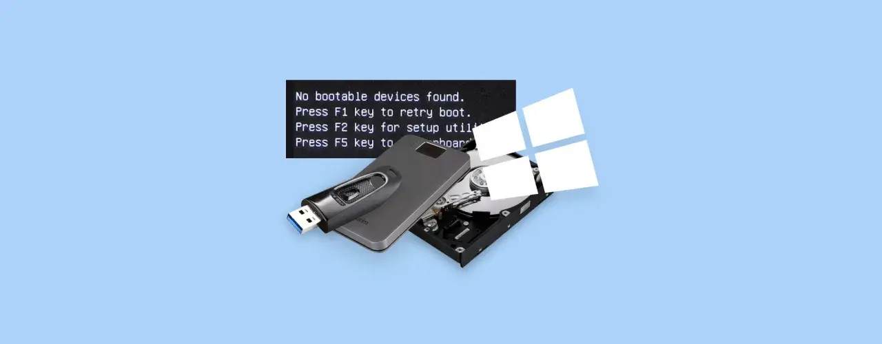 Komputer nie widzi dysku, wyświetlając komunikat "inaccessible boot device". Pendrive i dysk twardy leżą obok.