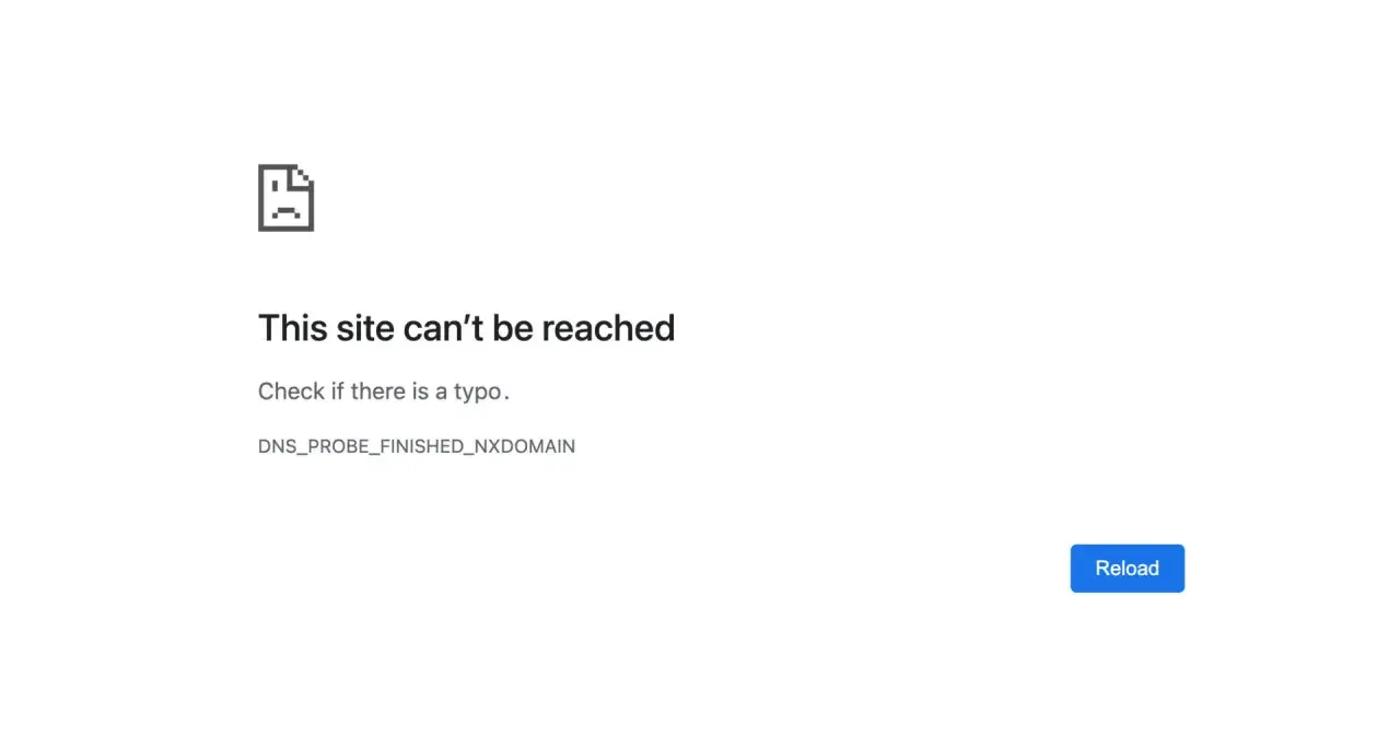 Błąd połączenia: DNS_PROBE_FINISHED_NXDOMAIN. Strona nieosiągalna. Sprawdź pisownię adresu.