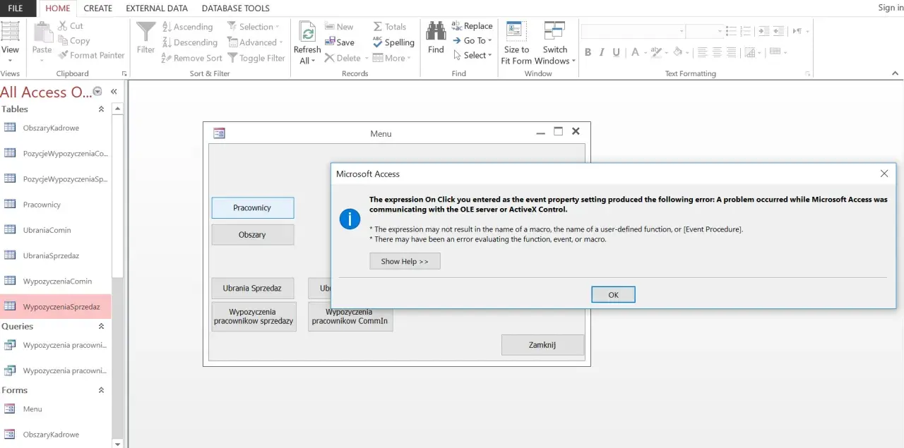 Błąd w Microsoft Access: problem z komunikacją serwera OLE lub kontrolki ActiveX. Błąd oceny makra lub funkcji.