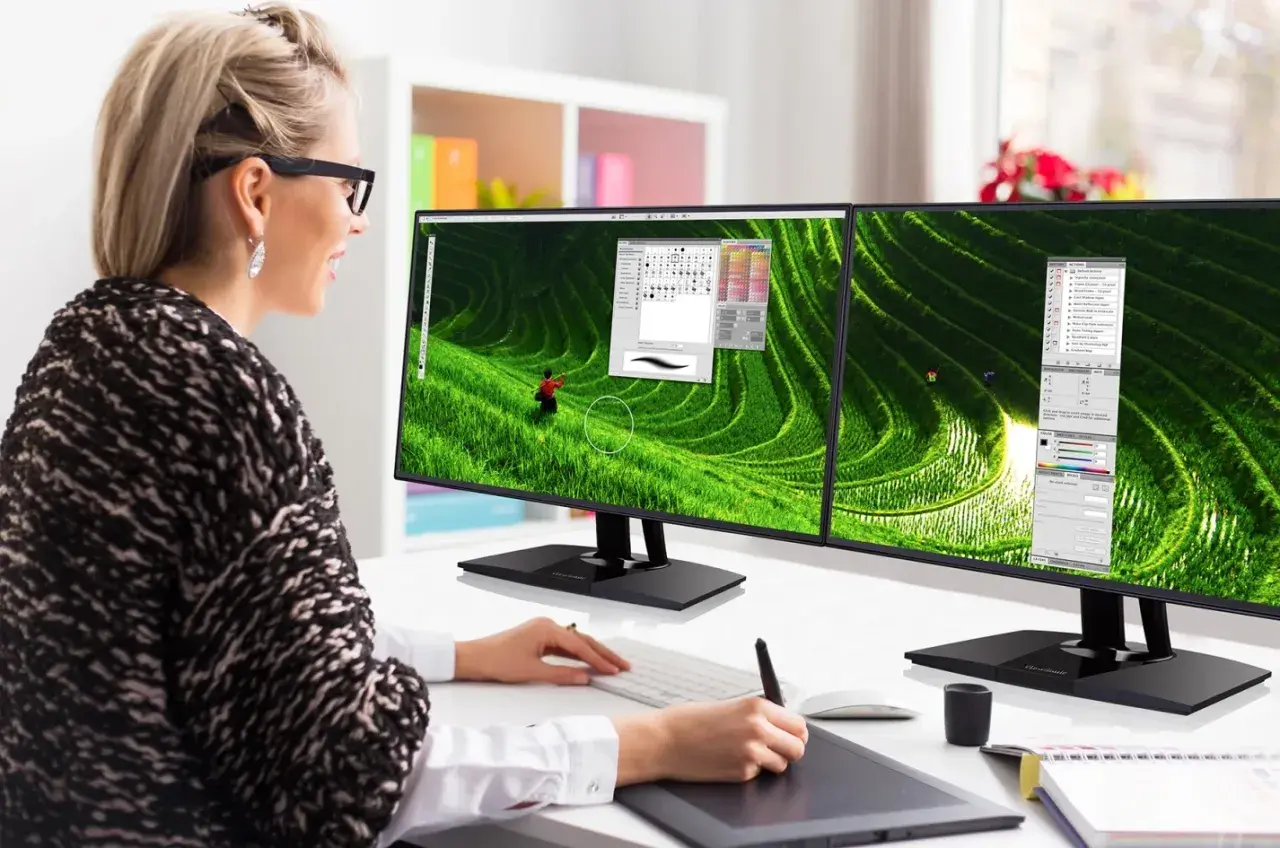 Kobieta pracuje przy dwóch monitorach z wąską ramką (bezel), edytując zdjęcie tarasów ryżowych.