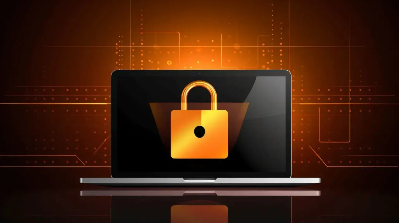 Laptop z pomarańczową kłódką symbolizującą bezpieczeństwo danych, w tle cyfrowy wzór. Szyfrowanie RSA zapewnia ochronę.