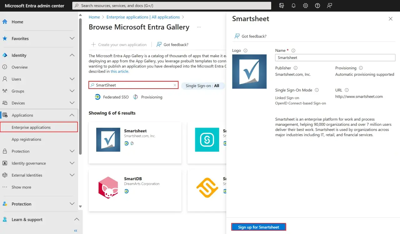 Panel boczny Microsoft Entra z opcją "Enterprise applications" jest aktywny. Wyszukiwarka pokazuje wyniki dla "Smartsheet", sugerując konfigurację oidc.