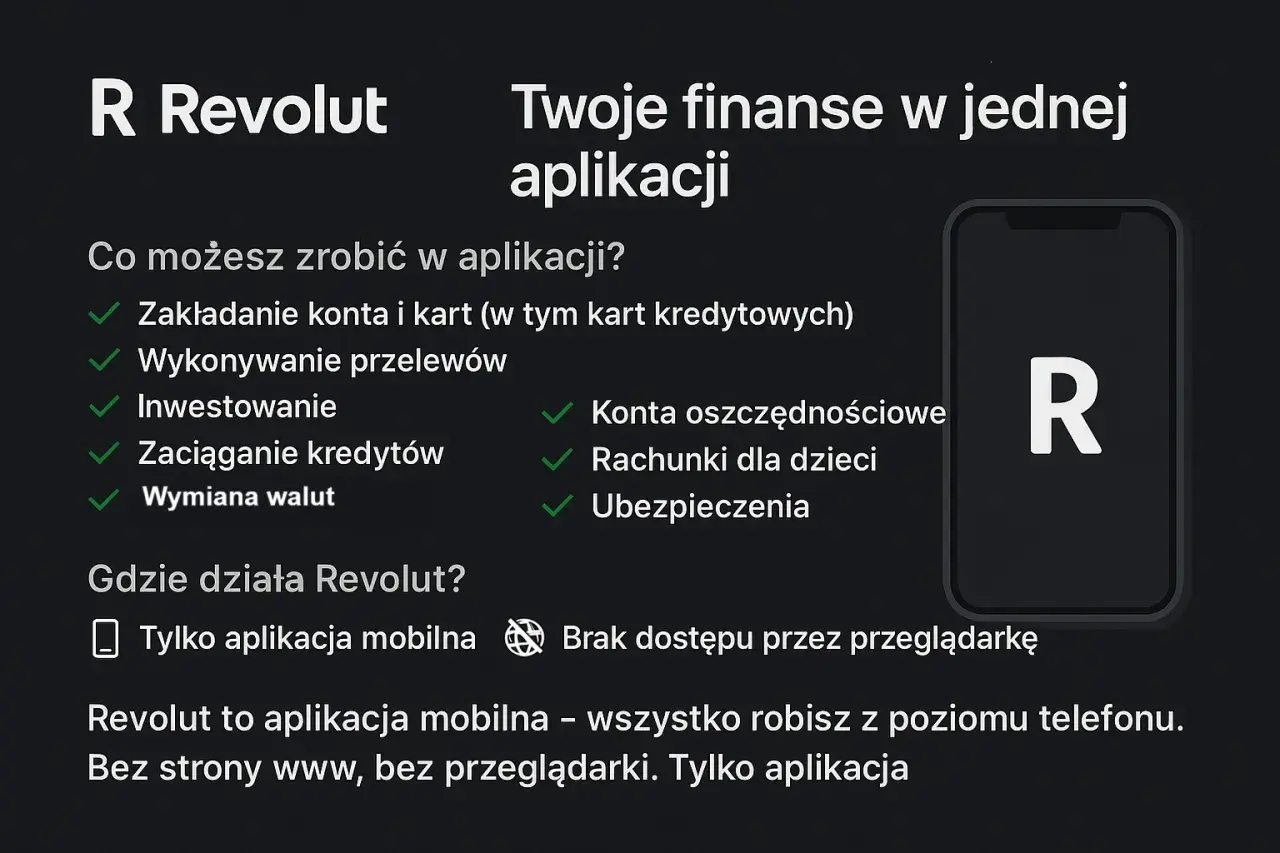 Revolut to aplikacja mobilna do zarządzania finansami: konta, karty, przelewy, inwestycje, kredyty, waluty, oszczędności, ubezpieczenia.
