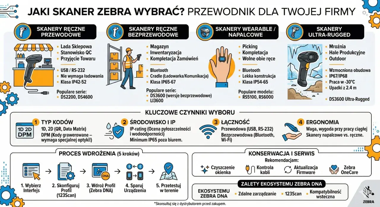Skanery Zebra Ultra-Rugged, odporne na upadki i ekstremalne warunki, z klasą ochrony IP67/IP68, idealne do pracy w mroźniach i na halach produkcyjnych.