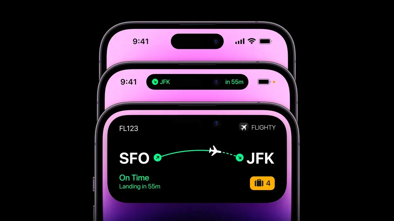 Trzy telefony z dynamic island. Jeden pokazuje lot do JFK, drugi szczegóły lotu SFO-JFK.