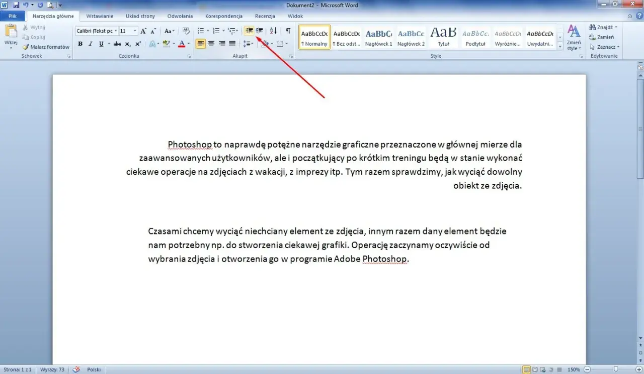 Wskazówka pokazuje, jak zrobić akapit w Wordzie. Widać pasek narzędzi z opcjami formatowania tekstu.