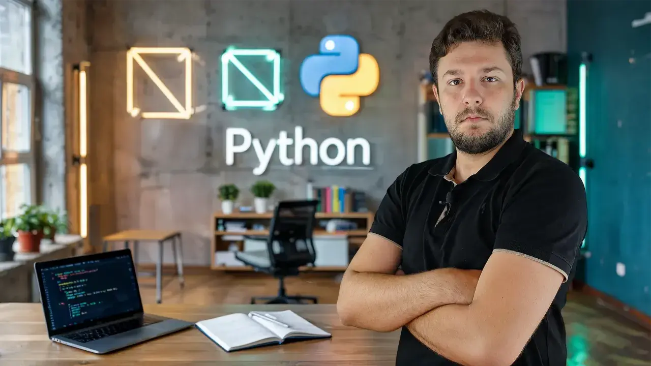 Mężczyzna w czarnej koszulce stoi przed logo Pythona. Na biurku laptop z kodem, notatnik. W tle neonowe kształty, symbolizujące polimorfizm w programowaniu.