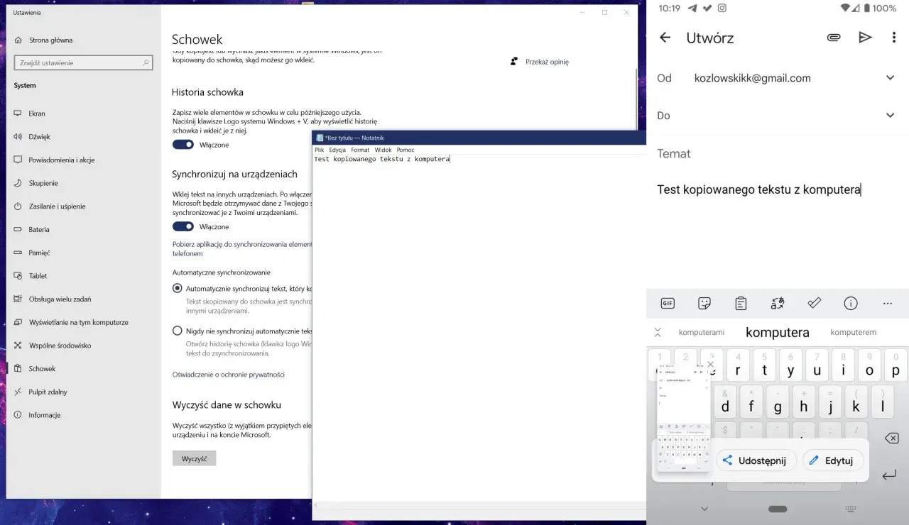 Ustawienia schowka Windows. Historia schowka pozwala na zapisywanie i wklejanie elementów, a synchronizacja ułatwia kopiowanie tekstu z komputera na inne urządzenia.
