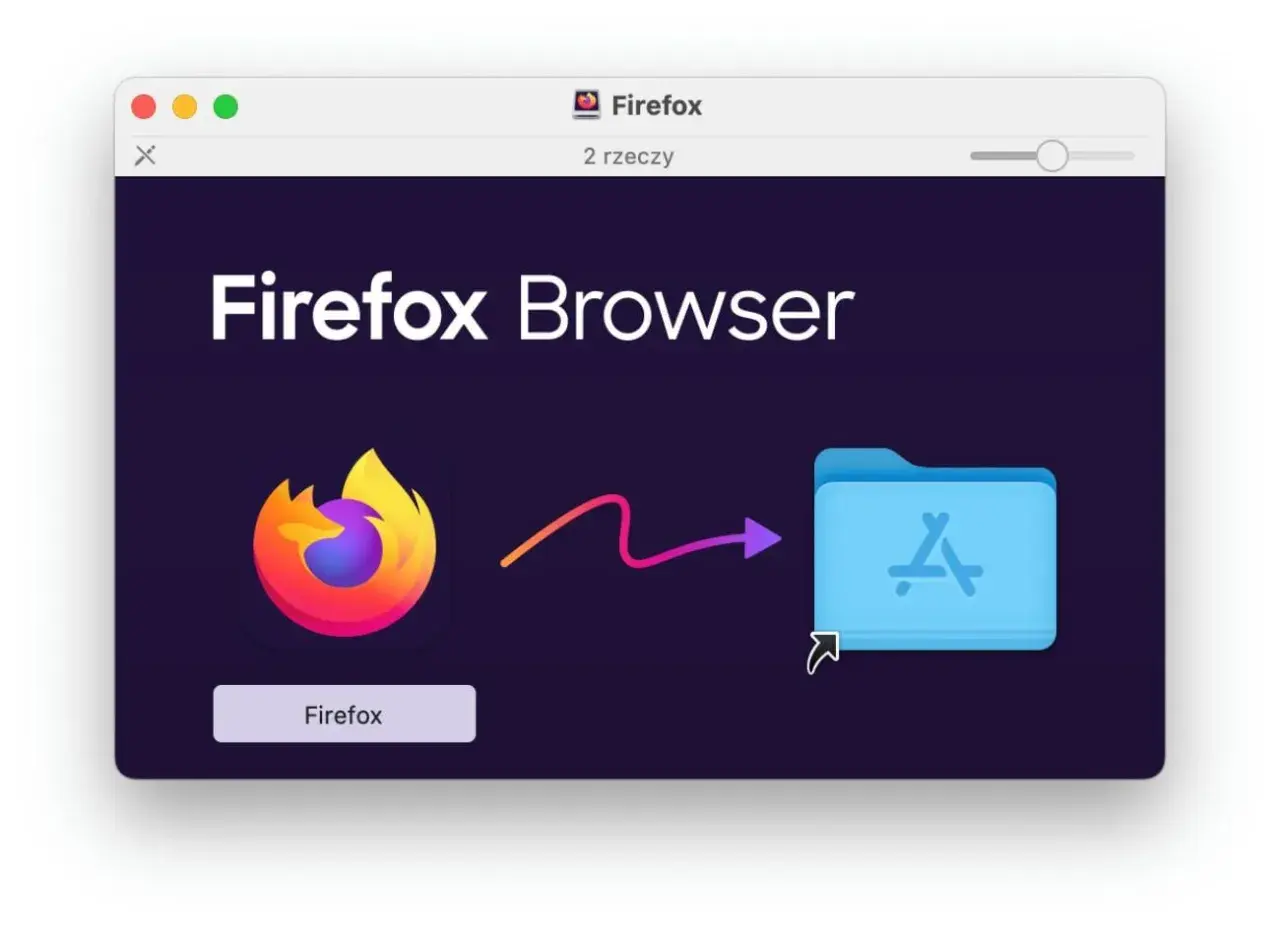 Ilustracja pokazuje, jak odinstalować aplikacje, przenosząc ikonę Firefox do folderu z ikoną App Store.