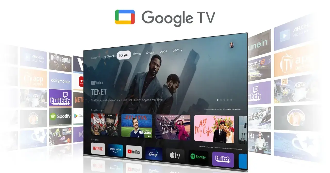 Google TV prezentuje interfejs z filmem "Tenet" i rekomendacjami. Odkryj świat rozrywki na swoim telewizorze.