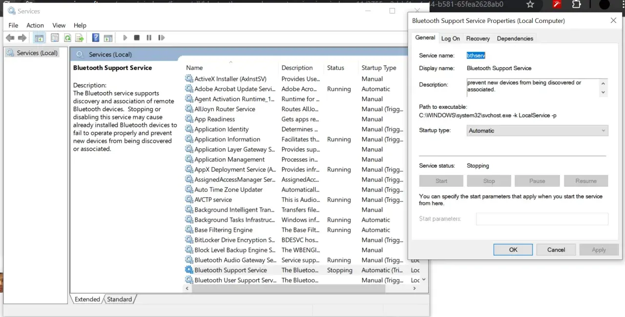 Usługa wsparcia Bluetooth w Windows 8 jest zatrzymana. Można ją uruchomić, aby zapobiec problemom z urządzeniami.