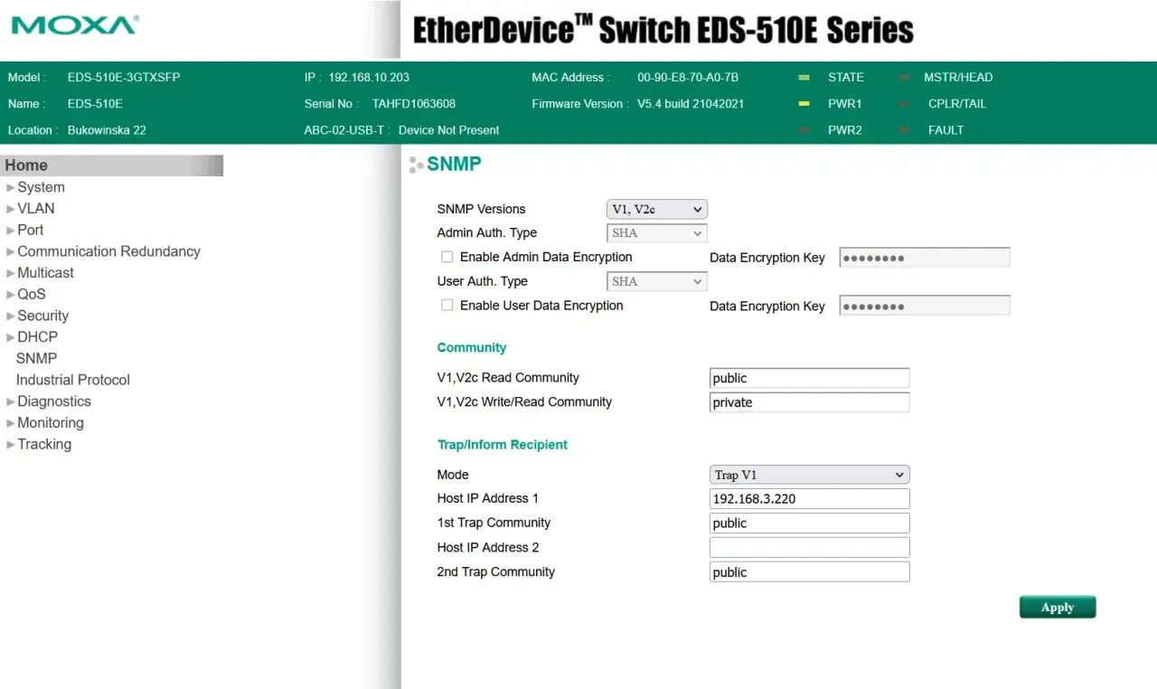 Konfiguracja SNMP dla urządzenia EtherDevice™ Switch EDS-510E. Ustawienia wersji, uwierzytelniania i społeczności SNMP.