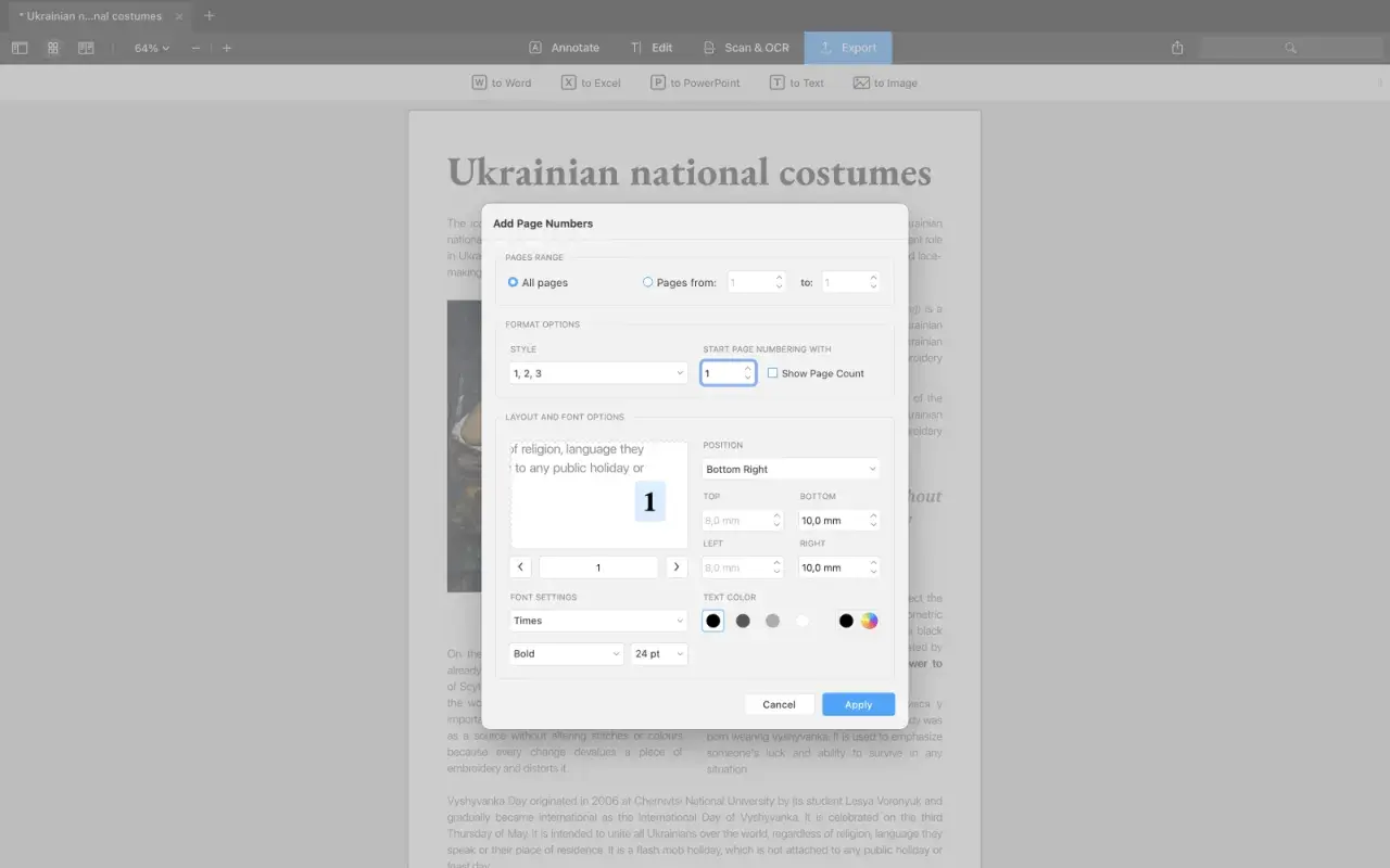 Ustawianie numerowania stron PDF. Okno dialogowe pozwala wybrać zakres stron, styl, pozycję i formatowanie numerów.