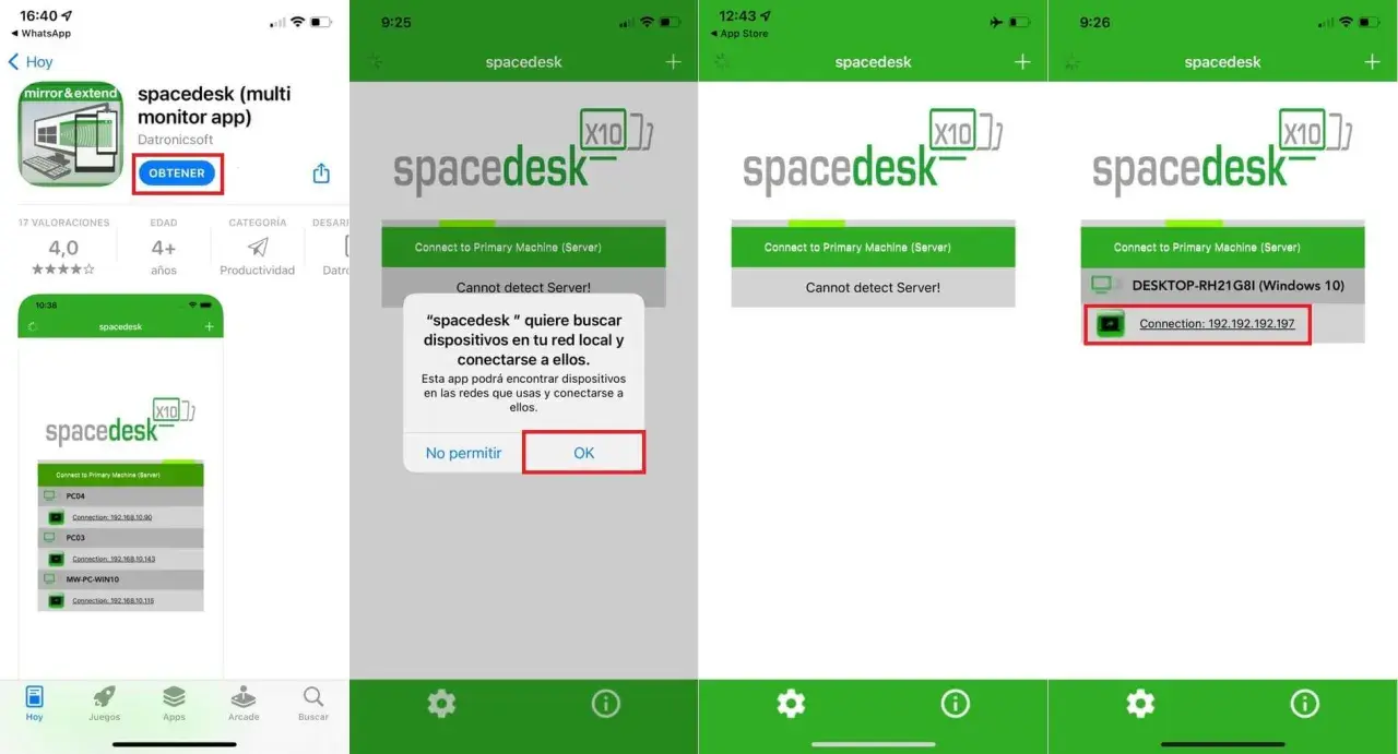 Aplikacja spacedesk do rozszerzania ekranu. Widok sklepu z aplikacjami, okno dialogowe z prośbą o pozwolenie na wyszukiwanie urządzeń w sieci, oraz ekran połączenia z komputerem.