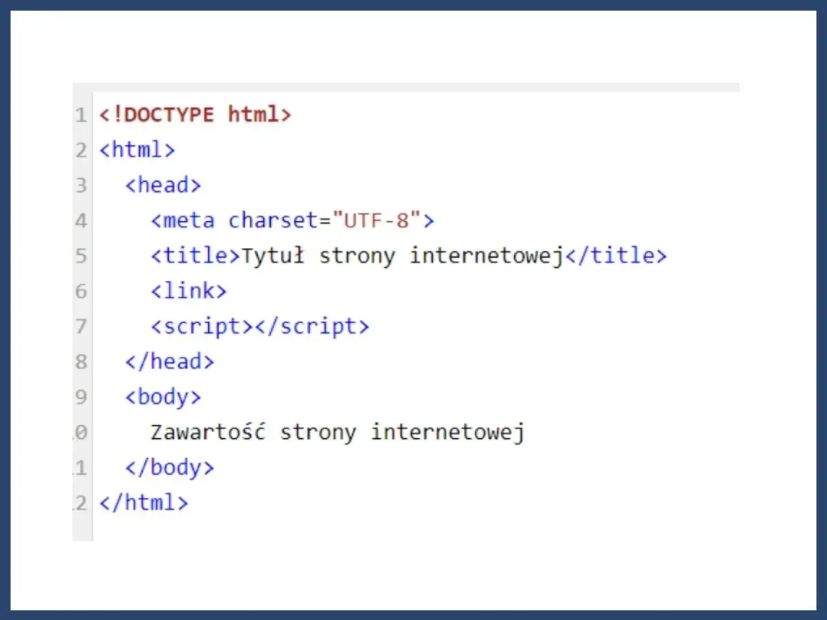 Podstawowy kod html, pokazujący strukturę strony: doctype, html, head z meta, title, link, script, oraz body z zawartością.