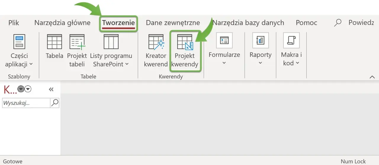 Narzędzie "Projekt kwerendy" w zakładce "Tworzenie" pozwala na budowanie złożonych zapytań do bazy danych.