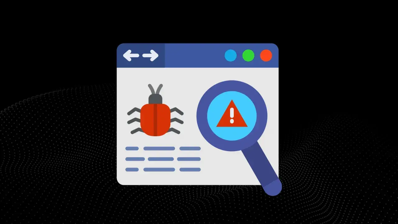 Grafika przedstawia okno przeglądarki z ikoną robaka, symbolem ostrzeżenia i lupą, sugerując wykrycie malware.
