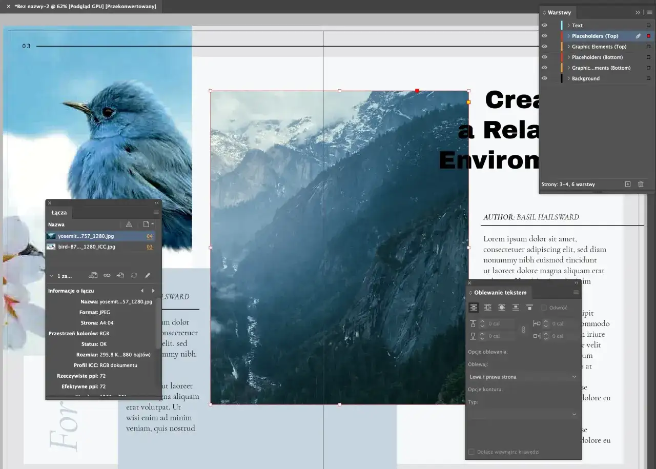 Projekt strony w **Adobe InDesign** z ptakiem i górami. Panel "Łącza" pokazuje pliki graficzne.