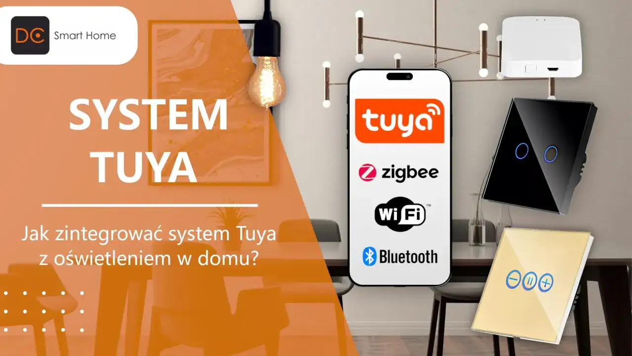 System Tuya integruje oświetlenie w domu. Na ekranie telefonu widoczne logo Tuya, Zigbee, Wi-Fi i Bluetooth.