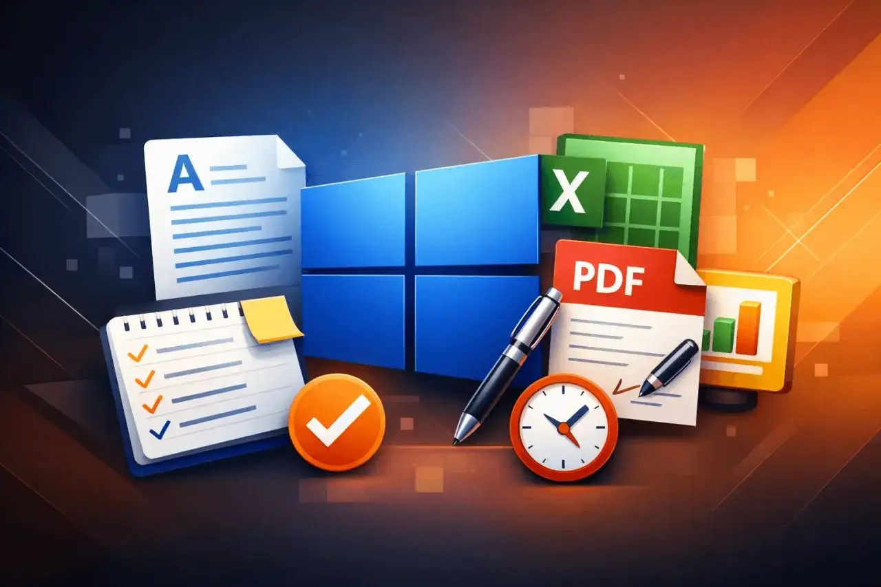Zestaw ikon biurowych: Windows, Excel za darmo, PDF, dokumenty, zegar, długopis.