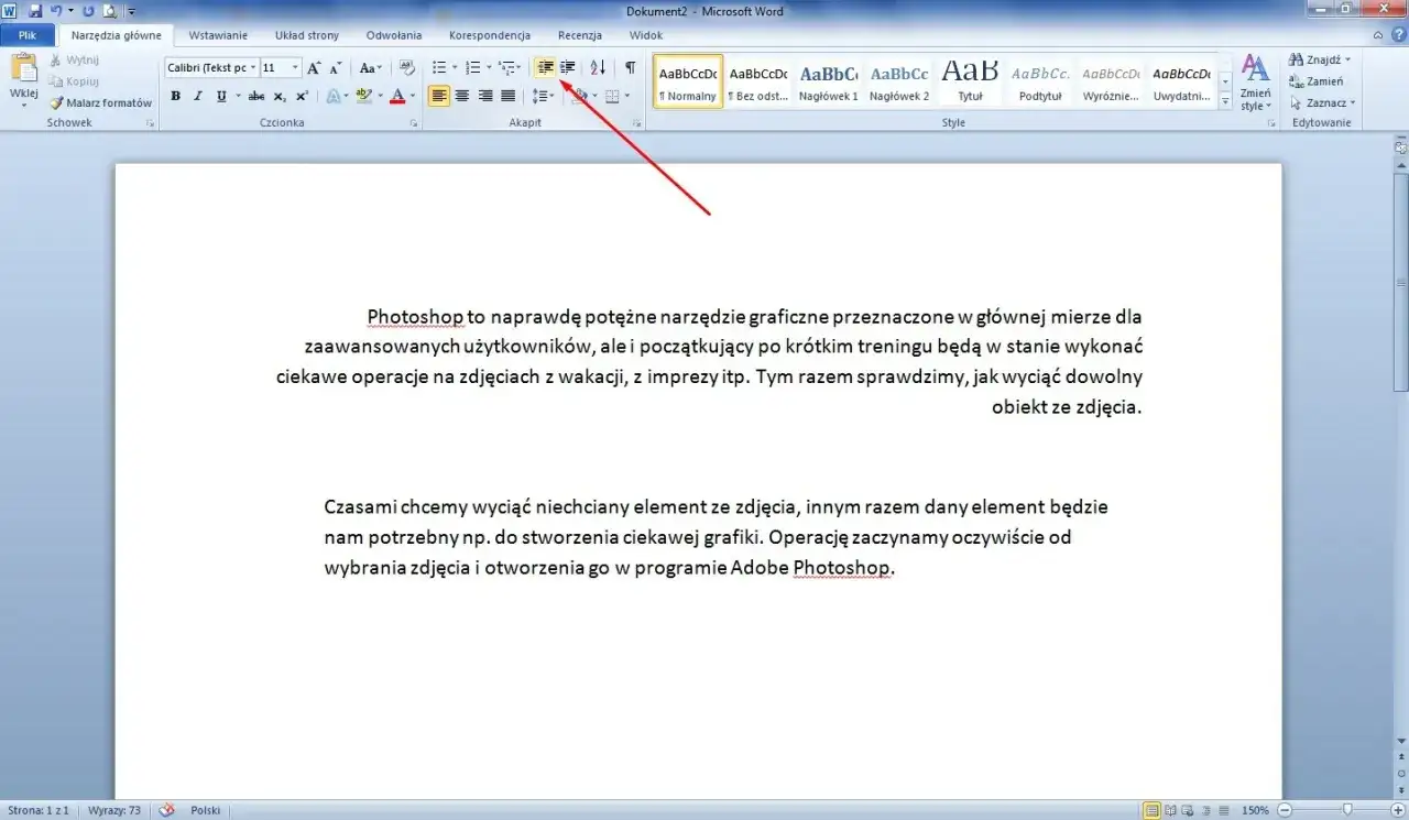 Wskazówka pokazuje, jak zrobić akapit w Wordzie. Widać pasek narzędzi z opcjami formatowania tekstu.