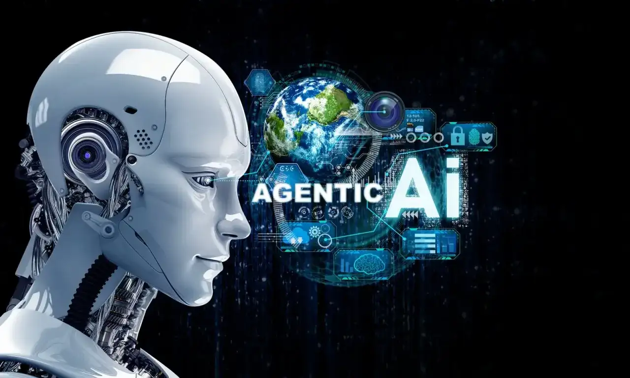 Głowa robota obok Ziemi, otoczona interfejsami i tekstem "AGENTIC AI".