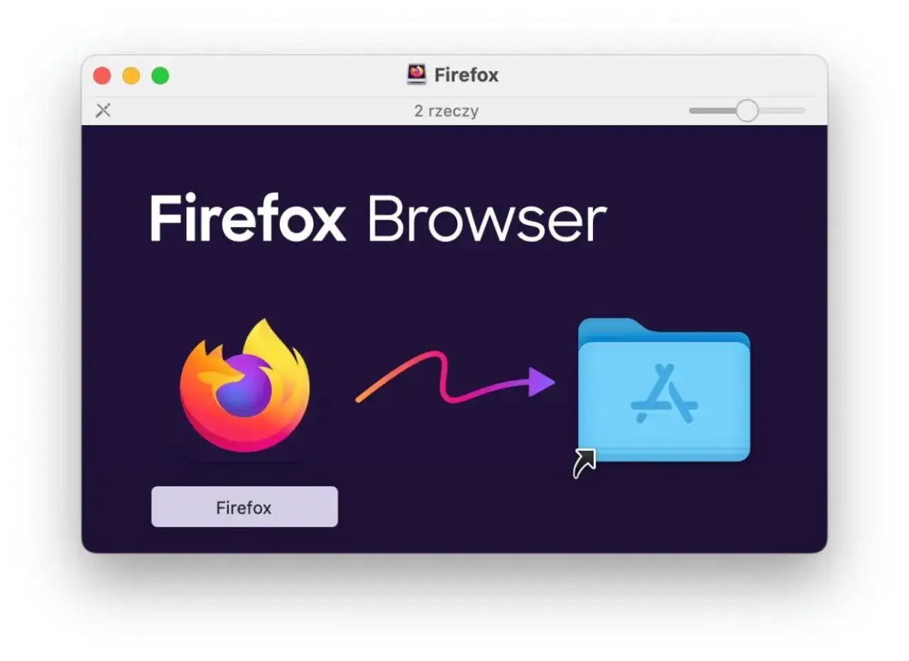 Ilustracja pokazuje, jak odinstalować aplikacje, przenosząc ikonę Firefox do folderu z ikoną App Store.