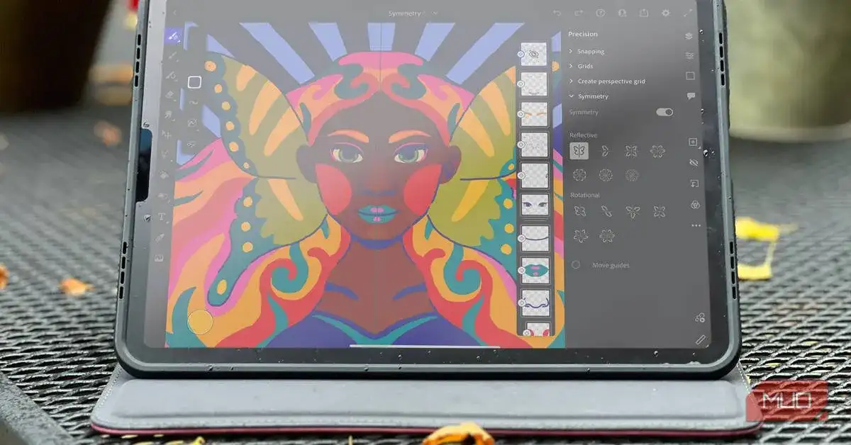Kolorowy portret kobiety z motylimi skrzydłami, tworzony w aplikacji Adobe Fresco na tablecie. Widoczne narzędzia symetrii.