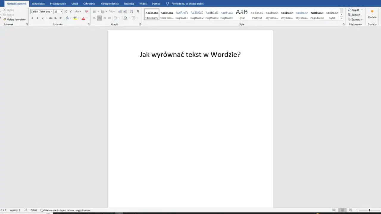 Jak wyrównać tekst w Wordzie? Widok okna programu Microsoft Word z widocznym pytaniem na środku strony.