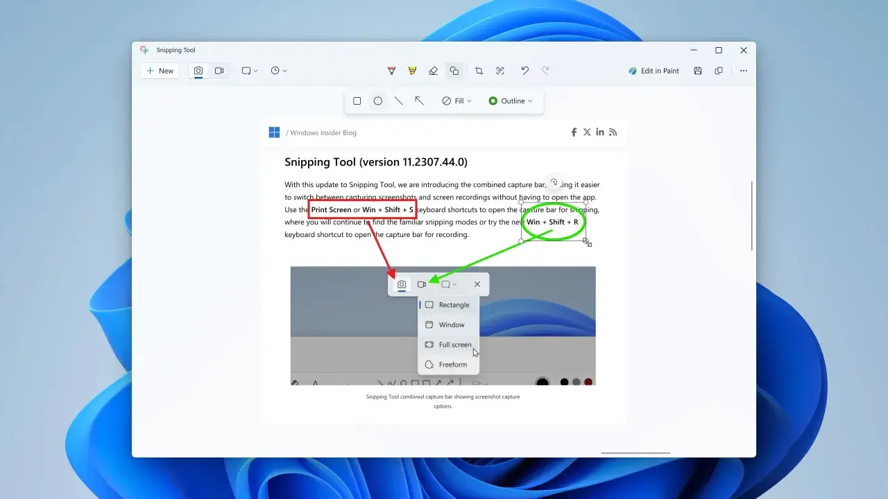 Zrzut ekranu Windows 11: Narzędzie Wycinanie pokazuje opcje przechwytywania ekranu, w tym