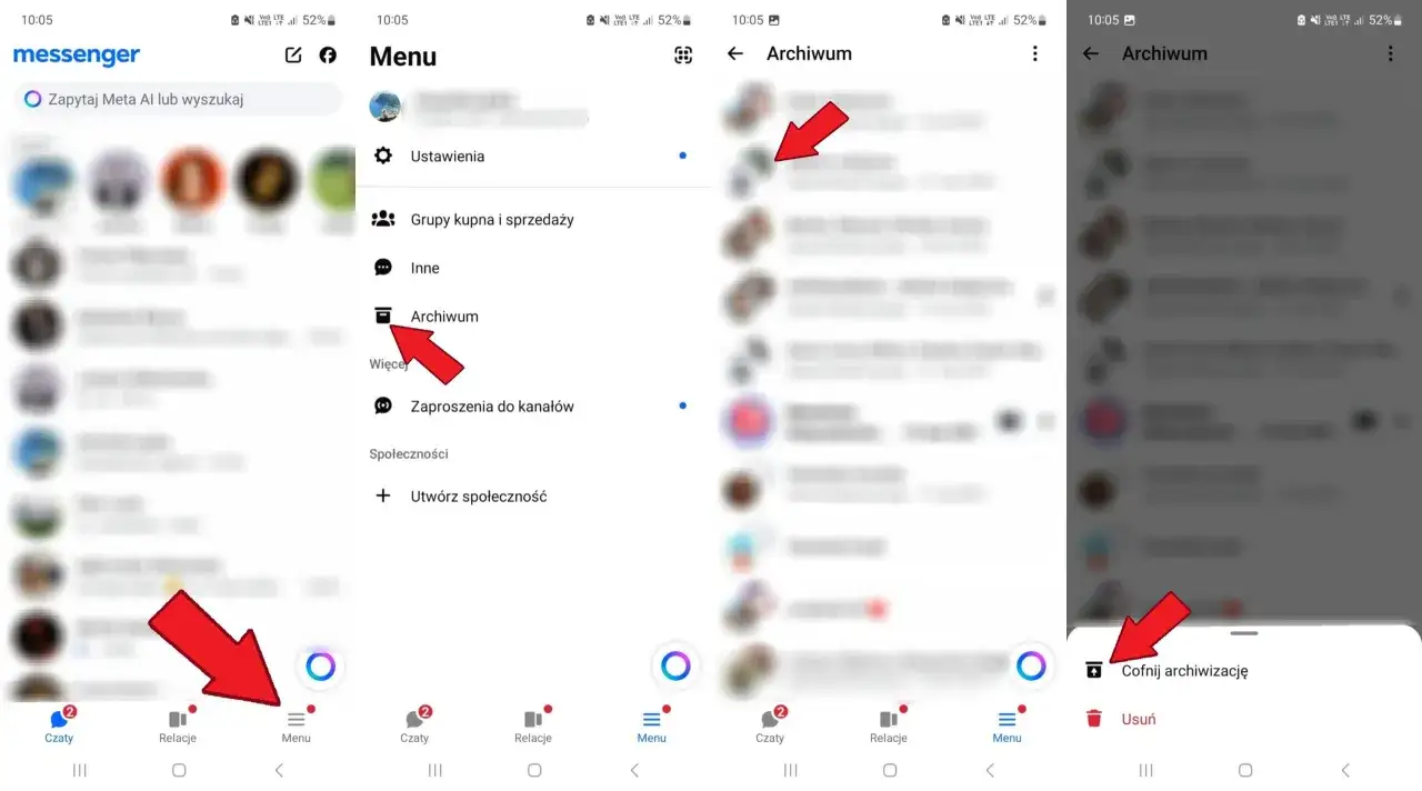 Jak odzyskać usunięte wiadomości z Messengera? Kliknij Menu, potem Archiwum, a następnie