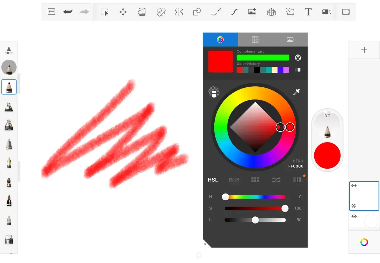 Czerwony pociągnięcie pędzlem na płótnie w aplikacji adobe fresco. Widoczny panel wyboru kolorów z kołem barw i suwakami.