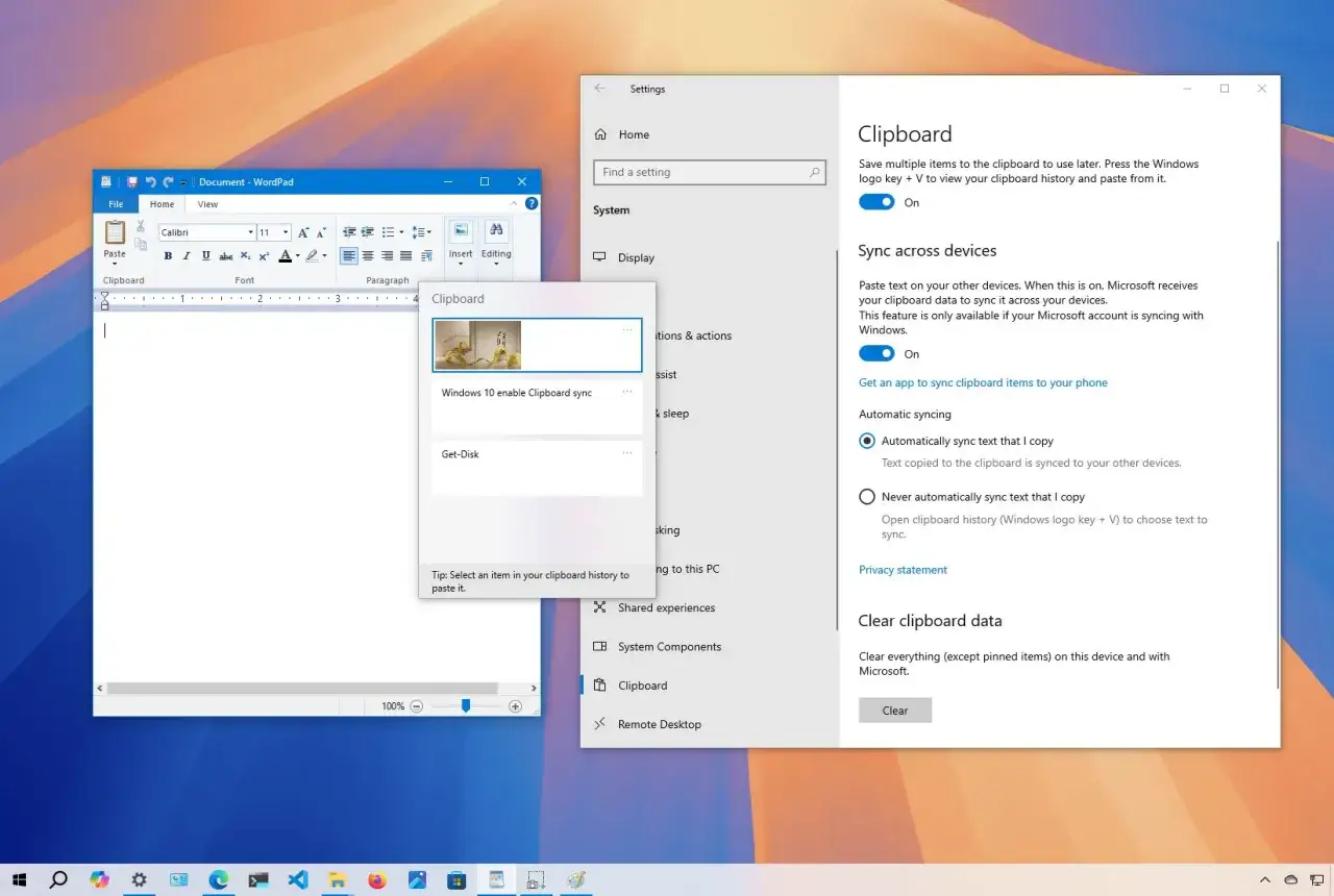 Ustawienia schowka Windows pokazują opcję synchronizacji między urządzeniami.