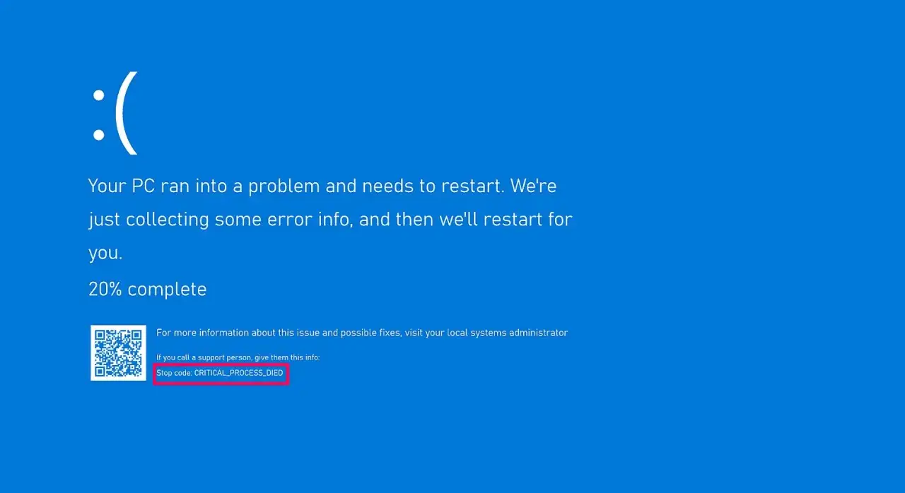 Smutna buźka na niebieskim ekranie śmierci (BSOD) z komunikatem o błędzie CRITICAL_PROCESS_DIED.
