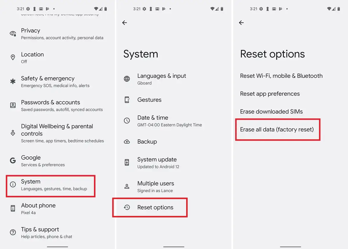 Ekran telefonu pokazuje kroki, jak zresetować telefon: wejdź w Ustawienia > System > Opcje resetowania > Wymaż wszystkie dane (reset fabryczny).