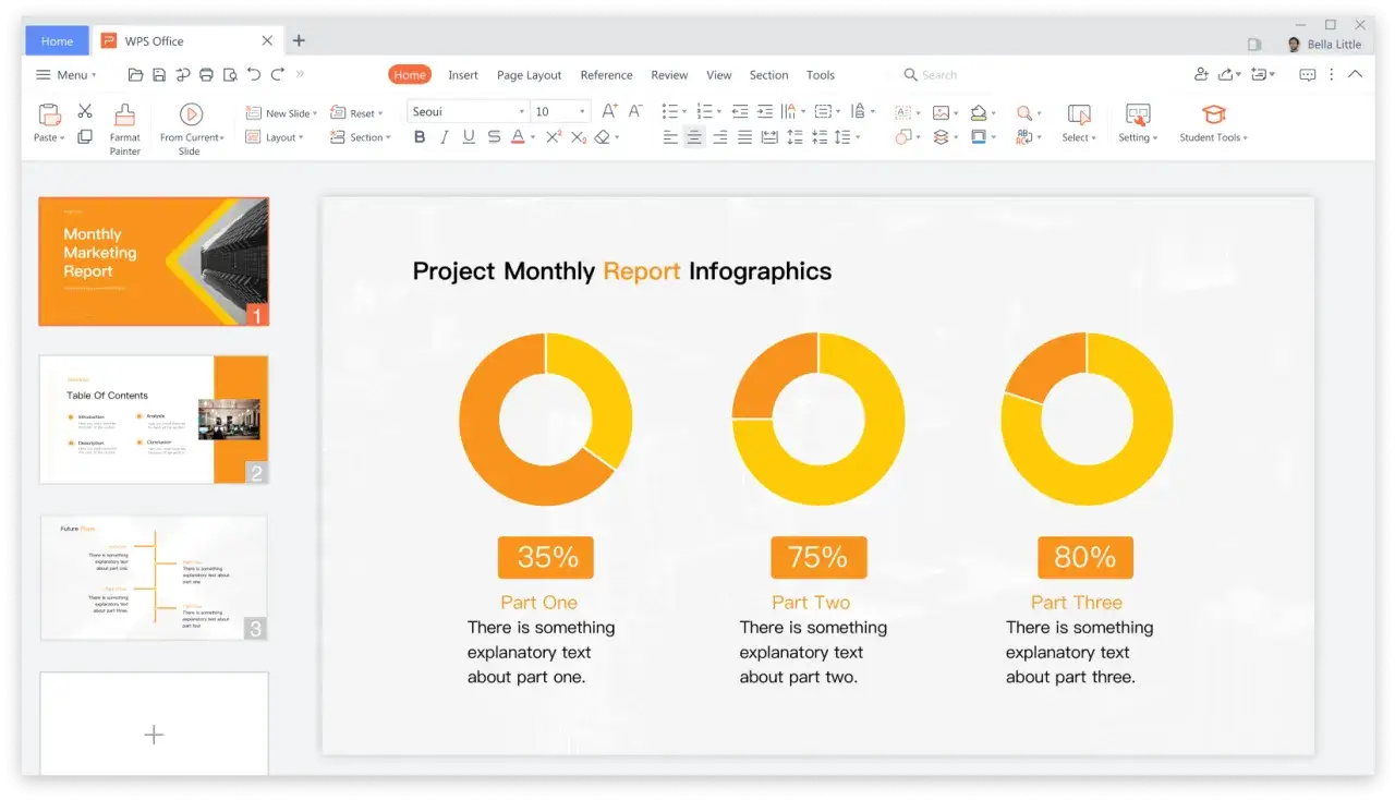 Prezentacja w WPS Office z wykresami kołowymi i tekstem. Widać menu, paski narzędzi i podgląd slajdów. To pokazuje, wps office co to za program.