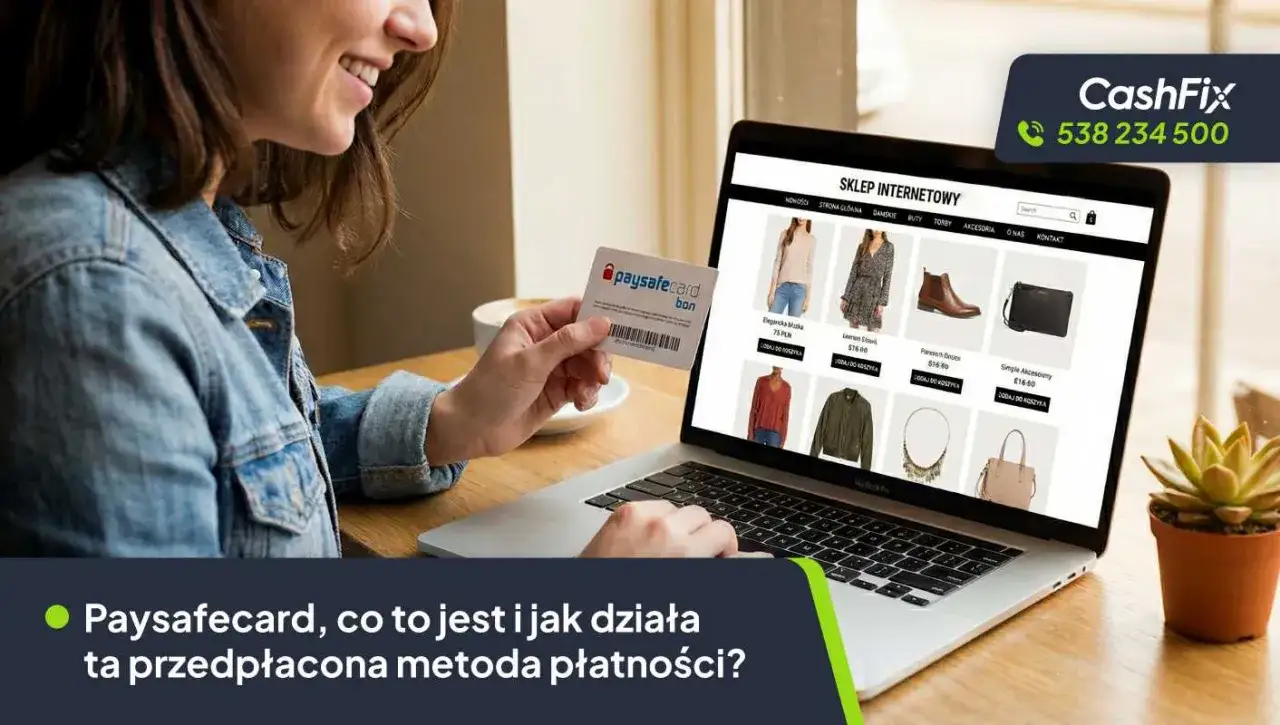 Kobieta trzyma kartę paysafecard, przeglądając sklep internetowy na laptopie. Paysafecard, co to jest i jak działa ta przedpłacona metoda płatności?