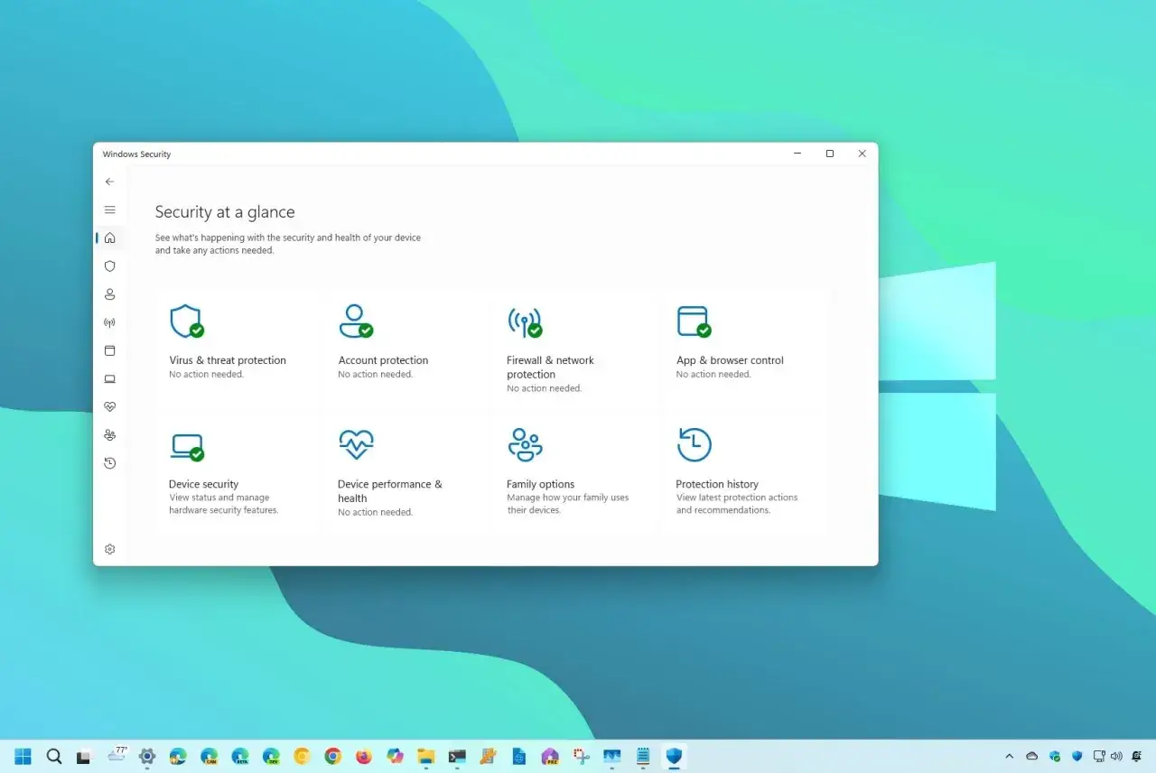 Ekran Windows Security z sekcjami: ochrona przed wirusami, kontem, siecią, przeglądarką, urządzeniem, wydajnością, opcjami rodzinnymi i historią ochrony. Microsoft Defender czuwa nad bezpieczeństwem.