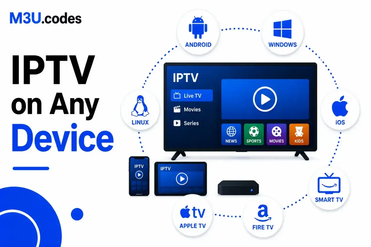 Oglądaj IPTV na telewizorze, telefonie, tablecie i innych urządzeniach. Dostępne na Android, iOS, Windows, Linux, Smart TV, Apple TV i Fire TV.
