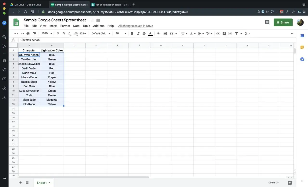 Tabela z kolorami mieczy świetlnych postaci z Gwiezdnych Wojen. Możesz stworzyć podobną, korzystając z arkusza kalkulacyjnego excel za darmo.